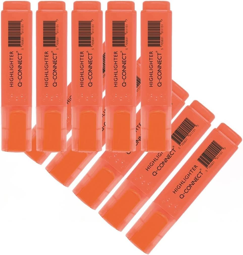 Q-Connect Orange Highlighter Pen Pack of 10 – Chiselled Nib, Bright Ink