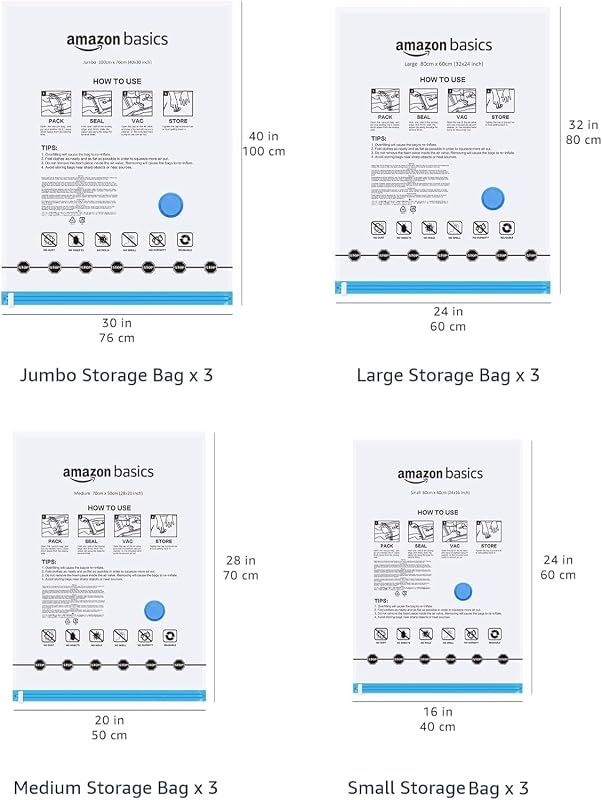 Vakuumbeutel für Kleidung mit Luftdichtem Ventil und Handpumpe - Mehrere, 3 x Jumbo, 3 x Groß, 3 x Mittelgroß, 3 x Klein, 12er-Pack, Reißverschluss, Durchsichtig