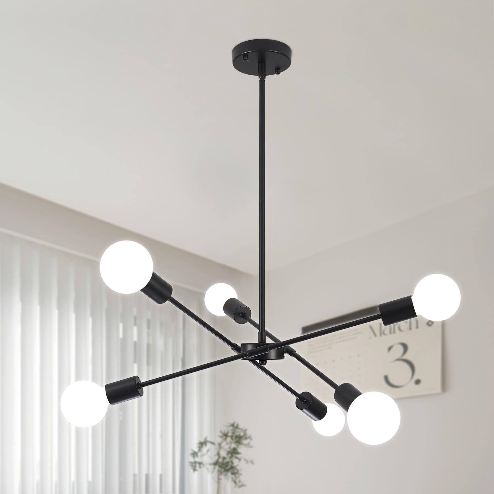 QAREHL Black Chandeliers Ceiling Light, 6 Lights Sputnik Ceiling LightE27 Modern Living Room Lights, Mid Century Light Fittings Ceilings for Dining Room, Bedroom, Kitchen, Hallway, Height Adjustable