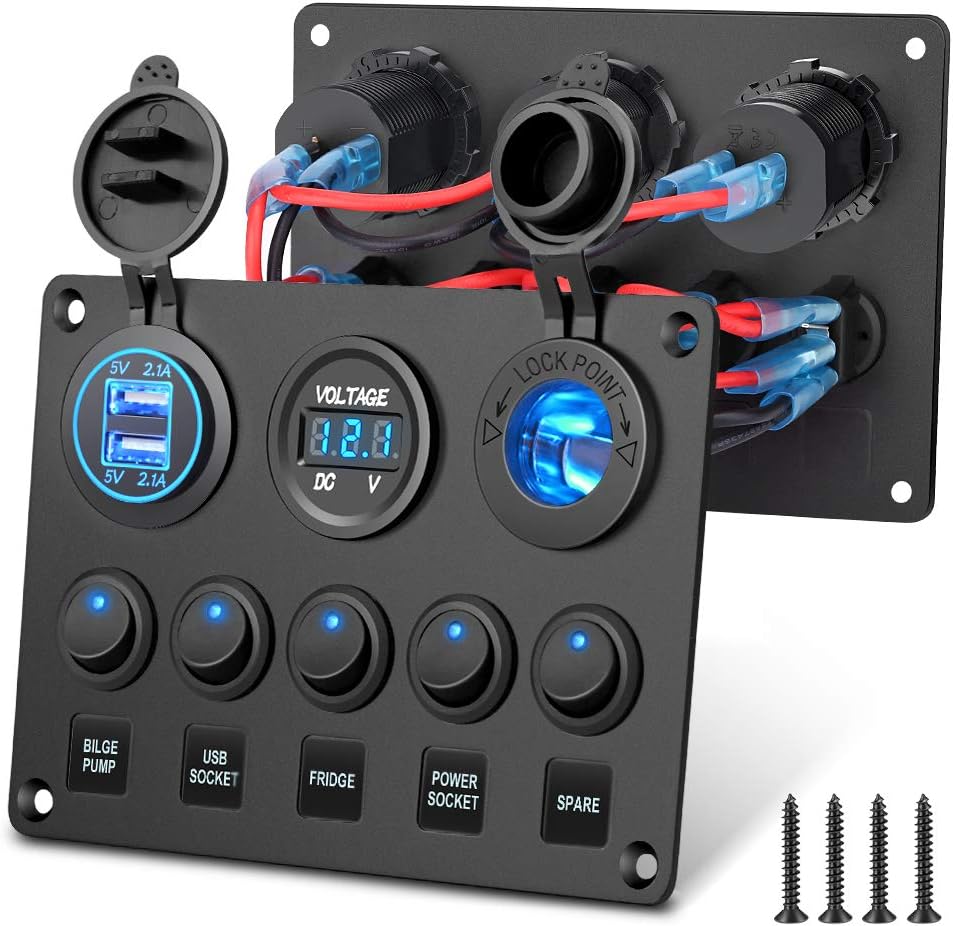 Electop 5 Gang Rocker Switch Panel, Toggle Switches/4.2A Dual USB Socket Charger/LED Voltmeter/12V Power Outlet Aluminum Panel Mount with 15A Fuses Pre-wired Waterproof for Car Boat Truck Marine RV: Automotive