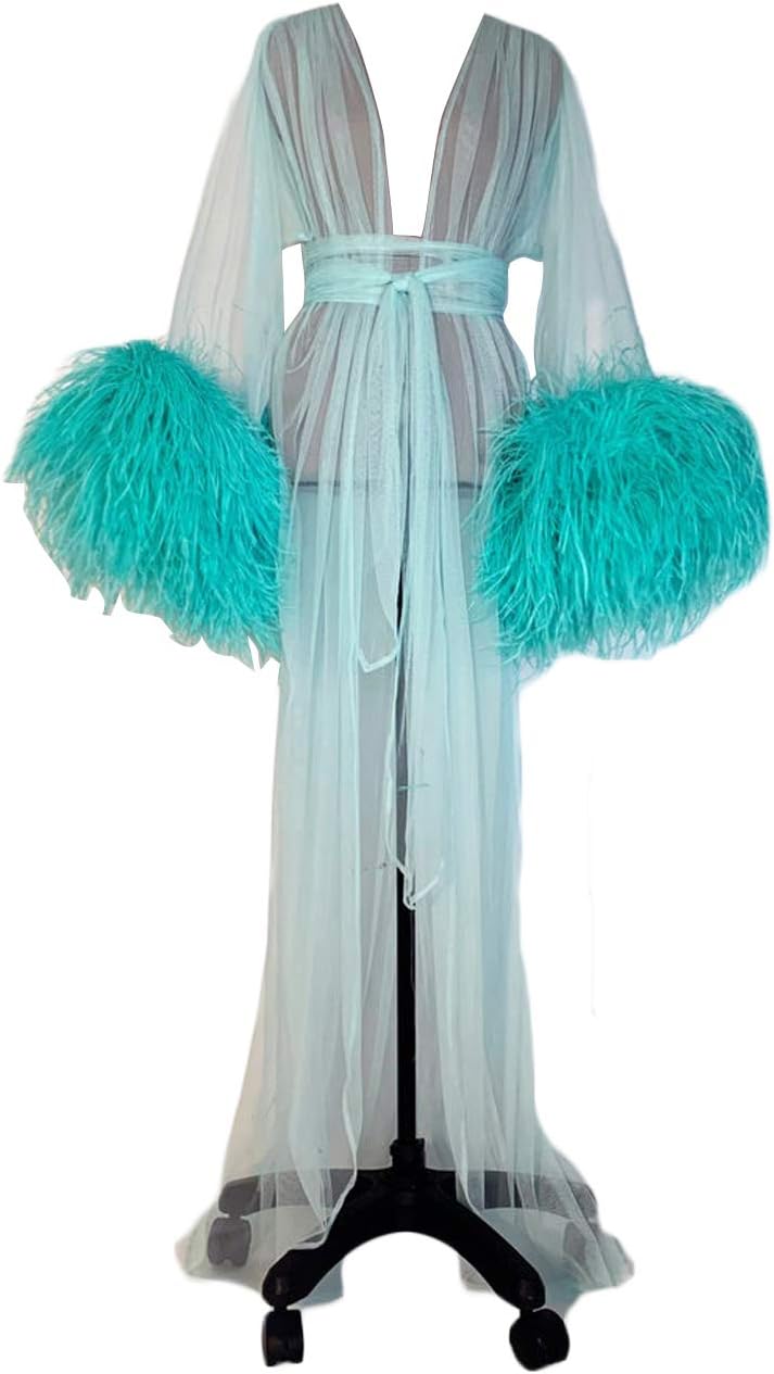 Women's Robe Feather Boudoir Dressing Gown Illusion Tulle Long Sleeve Bridal Nightgown