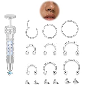 16G Septum Rings Set with Grabber Tool, 9PCS 316L Stainless Steel Horseshoe | Hypoallergenic 6/8/10mm horseshoe rings with re