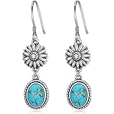BETHZA Natural Turquoise Sunflower Earrings 925 Sterling Silver Hook Western Earrings for Women You are my Sunshine Vintage Boho Jewelry Gifts for Her