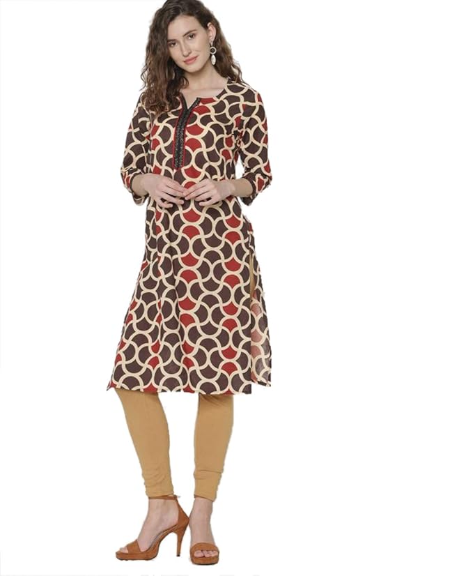 By FBB Women's Cotton Printed Side Slit Kurta (Maroon, XL)