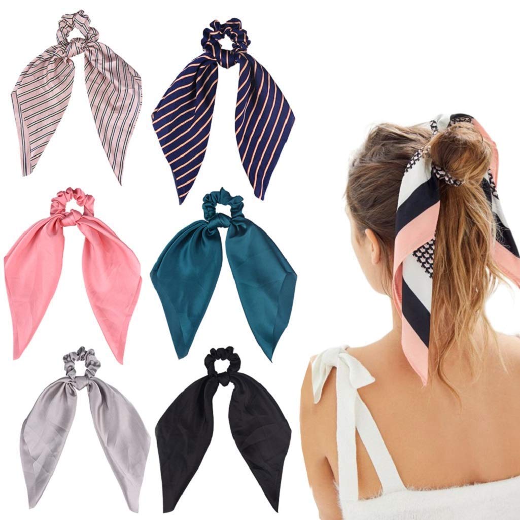 DRESHOW 6 Pack Hair Bow Scrunchies Satin Silk Elastic Hair Bands Hair Scarf Ponytail Holder Scrunchy Ties Vintage Accessories for Women Girls