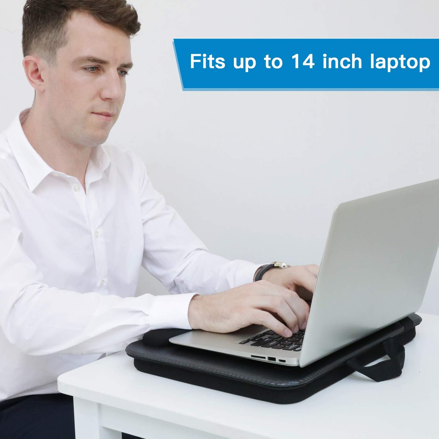 HUANUO Laptop Lap Desk - Fits up to 14 inches Laptop Stand with Phone Holder, Tablet Holder, Portable Lap Desk Built-in Soft Foam Pillow Cushion, Elastic Band，Laptop Stop Bar : Office Products