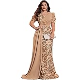 BluePlum Elegant Women’s Formal Dress Wedding Guest Puff Sleeve Mermaid Ball Gowns Court Train Plus Size Sequin Long Dresses