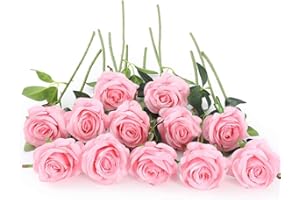 Laelfe 12 PCS Artificial Flowers Pink Roses Fake Silk Flowers Long Stem Artificial Roses for Home Wedding Decorations (Pink)