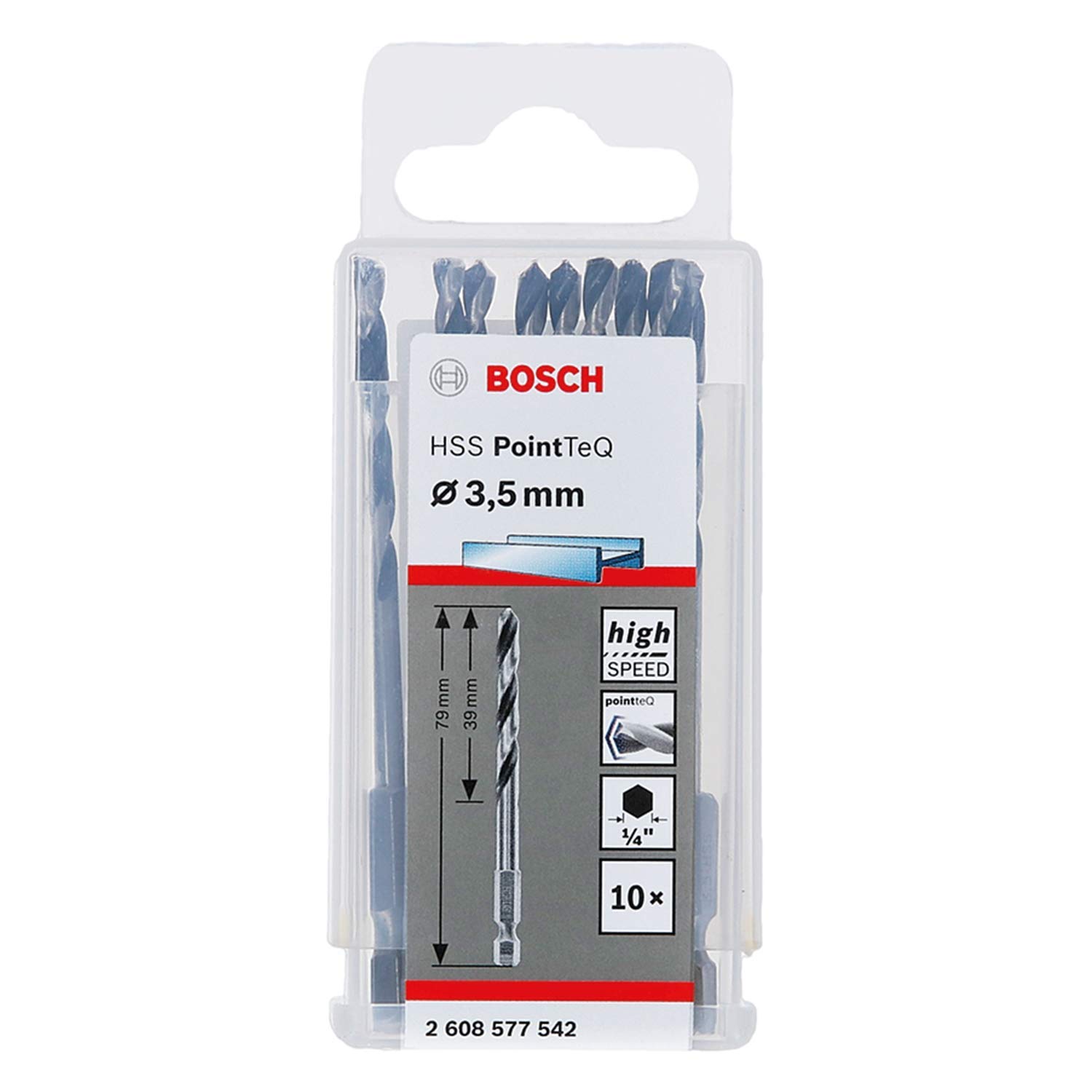 Bosch Professional 10pc PointTeQ Hex Drill Bit (for Metal, Ø: 3.5 mm, Total Length: 79 mm, ¼’’ Hex Shank, Accessory for Impact Drivers and Drill Drivers)