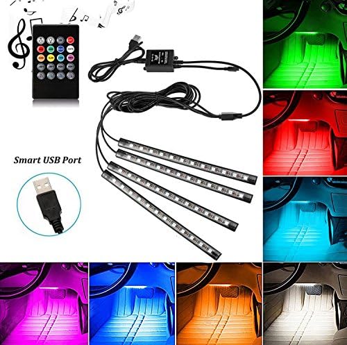 Car Interior Lights, 4Piece DC5V 48LEDs USB Auto LED Atmosphere Decor Strip Lights Multi-color Music RGB Under Dash Lighting Kit , With Sound-activated, Remote Control