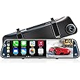 4K Rear View Mirror Camera with Carplay&Android Auto,12" Mirror Dash Cam Front and Rear with Voice Control for Cars&Trucks,Smart Touch Screen,64GB Card Included/Parking Monitor/Reverse Assist