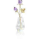 Crystal Purple Tulips Figurine Collectible, Tiny Crystal Glass Rose Decor, Purple rose with stems, Glass flowers in Crystal vase, Home Decor Ornament for Wedding Party, Holiday Creative Gift(Purple)