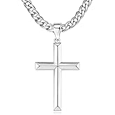 925 Sterling Silver Cross Necklace for Men Women 5mm Stainless Steel Diamond Cut Durable Cuban Link Curb Chain 18K White Gold Plated Beveled Edge Crucifix Pendant Necklace Jewelry 18-30 Inches