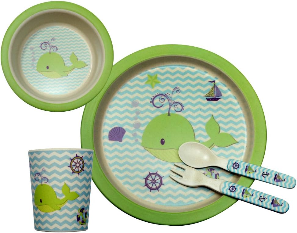 Bamboo Fiber Kids Dinner Ware 5pcs Less Melamine, BPA Free,FDA&LFGB Food Safety Approval,whale inset.