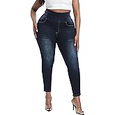 Gocolloa Women Plus Size Pull On Jeans Stretchy Skinny Leg High Waisted Ripped Ankle Jean
