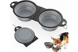 Pawaboo 2-in-1 Collapsible Dog Bowls, Dual Puppy Food and Water Bowls, 180° Flip Over Portable Silicone Dog Bowl with Metal Hook, 450ml Pet Travel Feeder Bowl for Walking Hiking Camping, Gray