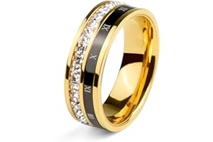 ROPARTMAN 18K Gold Plated Roman Numeral Cubic Zirconia Ring for Women, Square CZ Gold Rings for Men, Spinner Silver Mens Rings Stainless Steel Size 5-13