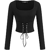 CIDER Womens Ribbed Long Sleeve Corset Top Square Neck Blouse