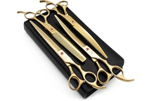 Moontay Professional 8.0" Dog Grooming Scissors Set, 4-pieces Straight, Upward Curved, Downward Curved, Thinning/Blending Shears for Dog, Cat and Pets, JP Stainless Steel, Gold