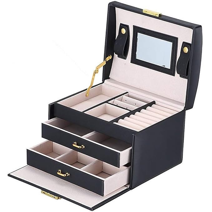 BalladHome Caja Joyero con Espejo Caja para Joyas joyero Caja de Joyas Organizador de Joyas, Caja de Relojes Caja para Relojes (Negro)