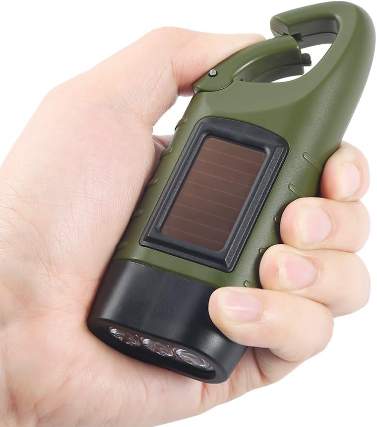 Simpeak [ 2-Pack] Hand Crank Solar Powered Flashlight, Emergency Rechargeable LED Flashlight, Survival Flashlight, Quick Snap Carbiner Dynamo Flashlight Torch for Outdoor Sports, Green+Yellow - - 
