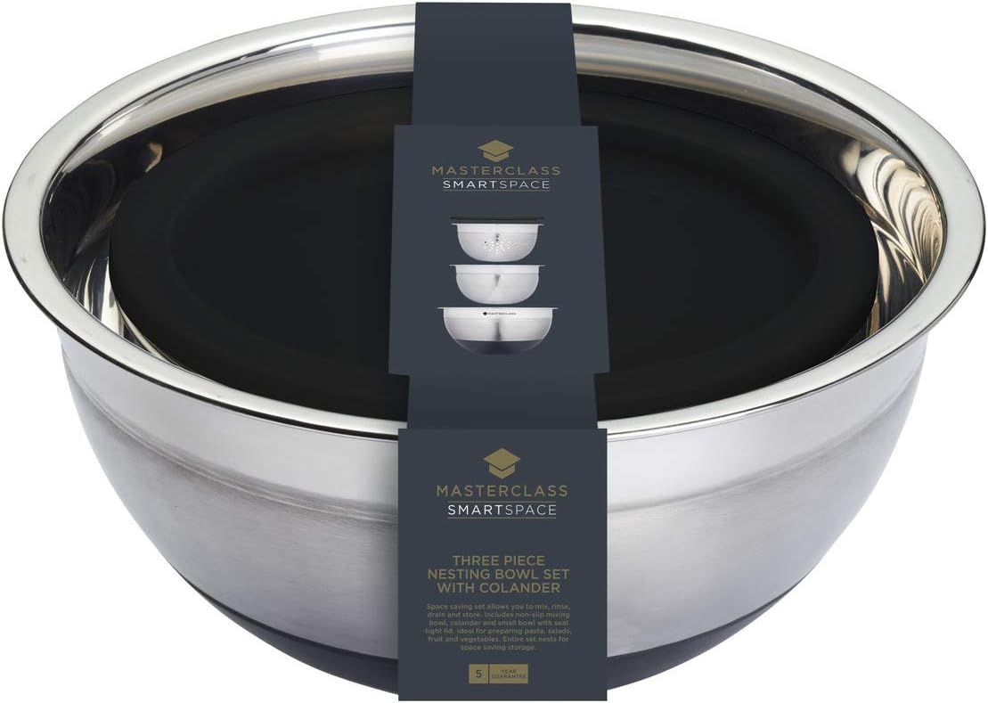 MasterClass Bowl Set, Mixing Bowl, Colander and Lid, Smart Space, Stainless Steel, Set of 3, White, 3-Piece Set, 23.5 cm - Image 3