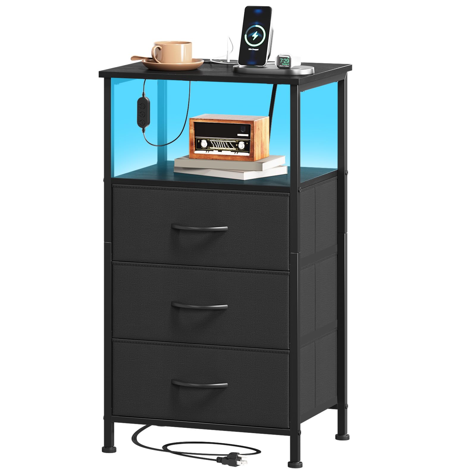 View 1 of ***MISSING PARTS***
Somdot Black Nightstand with Charging Station and LED Light for Bedroom, Tall 3 Drawers Dresser with Fabric Bins for Bedside Kids Dorm Room Closet Laundry Entryway, Black