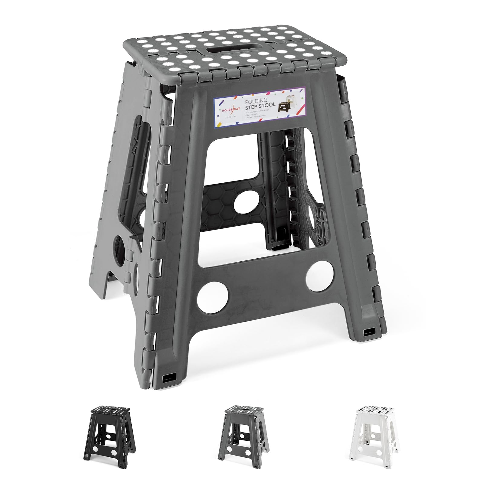 HOUSE DAY 17 inch Folding Step Stool for Adult - Large Heavy Duty Plastic Folding Step Lightweight Step Stools, Easy Carry Fodable stepping Stools for Indoor & Outdoor, Grey