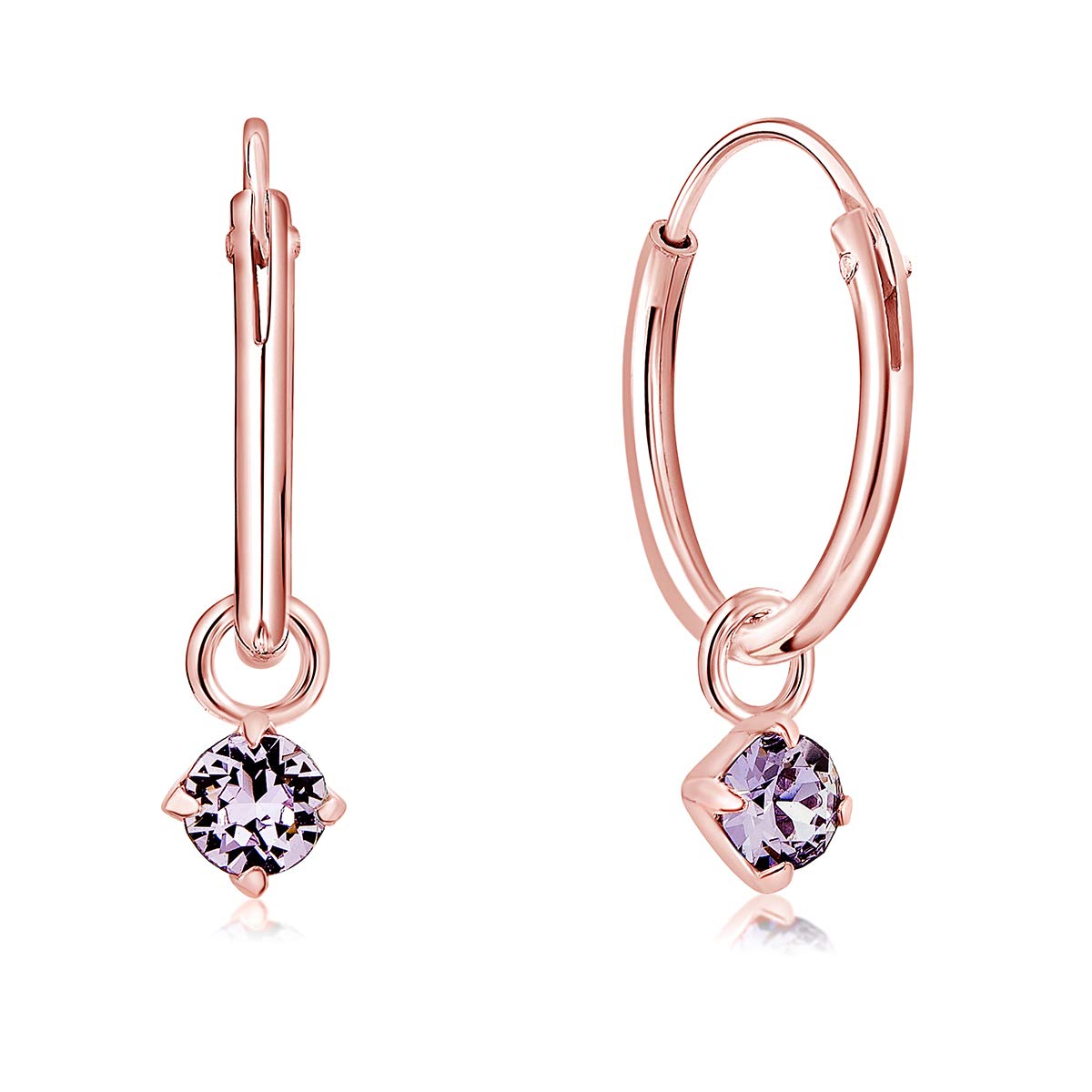 Rose Gold Earrings with Purple Dangling Crystal - 925 Sterling Silver Hoops Gold Plated 18K with Round Crystals - Classic Elegant Hypoallergenic Earrings for Sensitive Skin