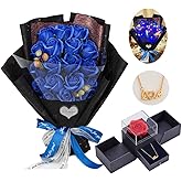 EIGHTOWN Roses Bouquet Artificial Flower - Preserved Blue Rose Flowers with Love Necklace for Her - Unique Gifts Valentine's Day, Mother's Day, Thanksgiving, Birthday, Anniversary
