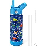 Fimibuke Kids Insulated Water Bottle, 18oz BPA FREE 18/8 Stainless Steel Kid Cup with Straw Travel Tumbler Double Wall Vacuum Leak Proof Toddler Water Bottle for School Boy Girl(1 Pack,Blue Dinosaur)
