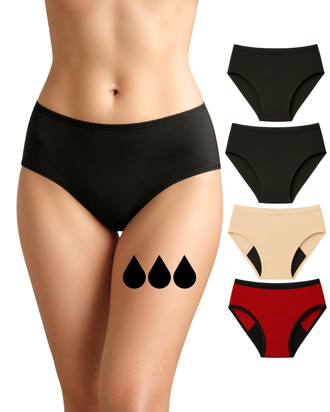 NoBlood Starter Pack - Set of 4 (2 x Black, 1 x Red, 1 x Nude) - Leak Proof Period Panties - Washable - Cotton - Eco-Friendly (Starter 3,S)