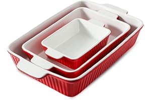 Hasense Casserole Dishes for Oven, Rectangular Baking Dishes Set of 3, Lasagna Pans Deep with Handle, Ceramic Baking Pans Set for Cooking, Christmas Gifts, Red(15.0''/12.2''/8.3'')