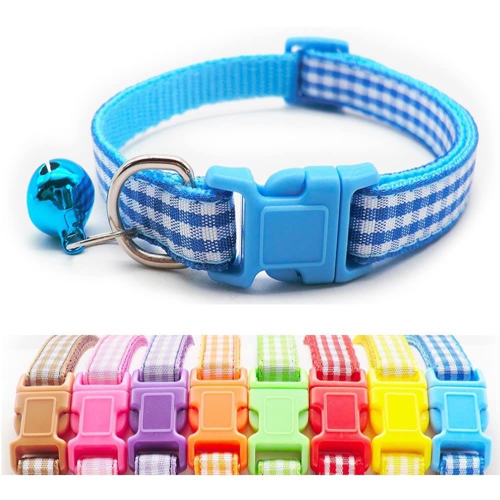 Small Dog Puppy Pet Collar Check Checkered Design with Bell Nylon Adjustable Size 19-32cm Blue