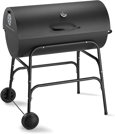 VonHaus Charcoal BBQ XL Portable Barrel Grill with Warming Rack & Temperature