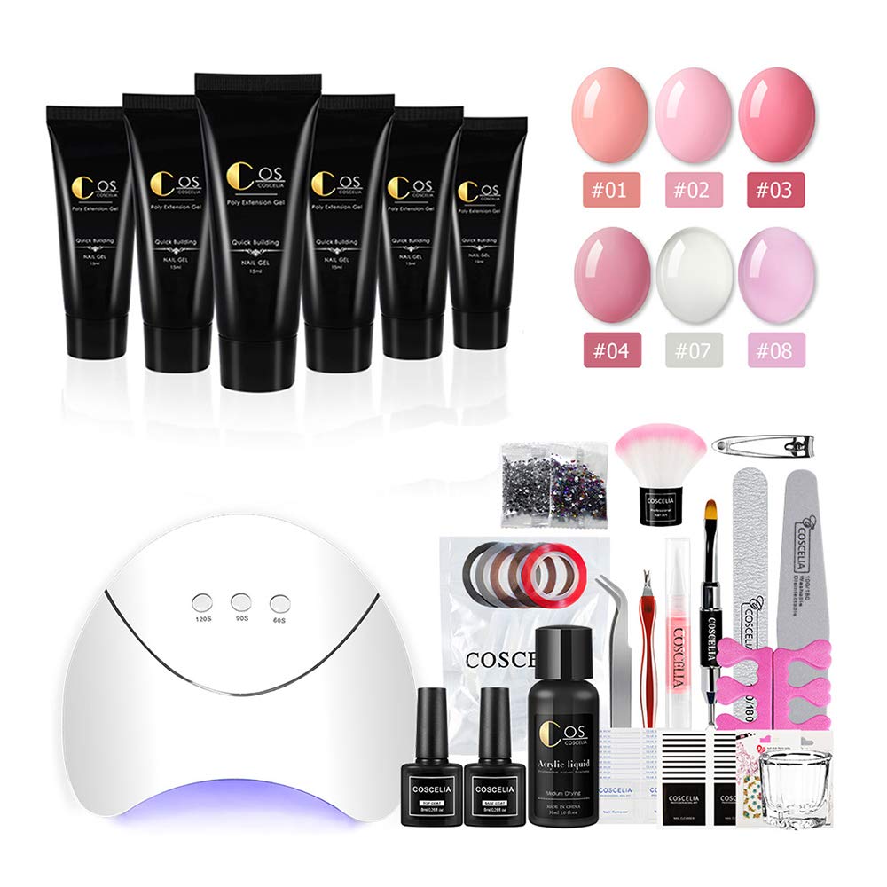 COSCELIA 6 Colors Poly Nail Gel Kit with 36W LED Nail Lamp Nail Extension Gel Professional Nail Technician All-in-One French Kit