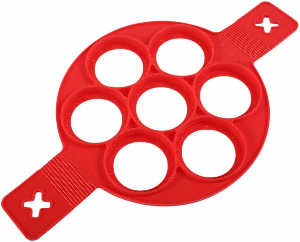 KAINI Pancake Molds Silicone Baking Mould Egg Maker Pancake Flipper Egg Ring Nonstick Silicone Round Egg Rings 7 Circles（Upgrade） (1PACK RED- 7 Circles)