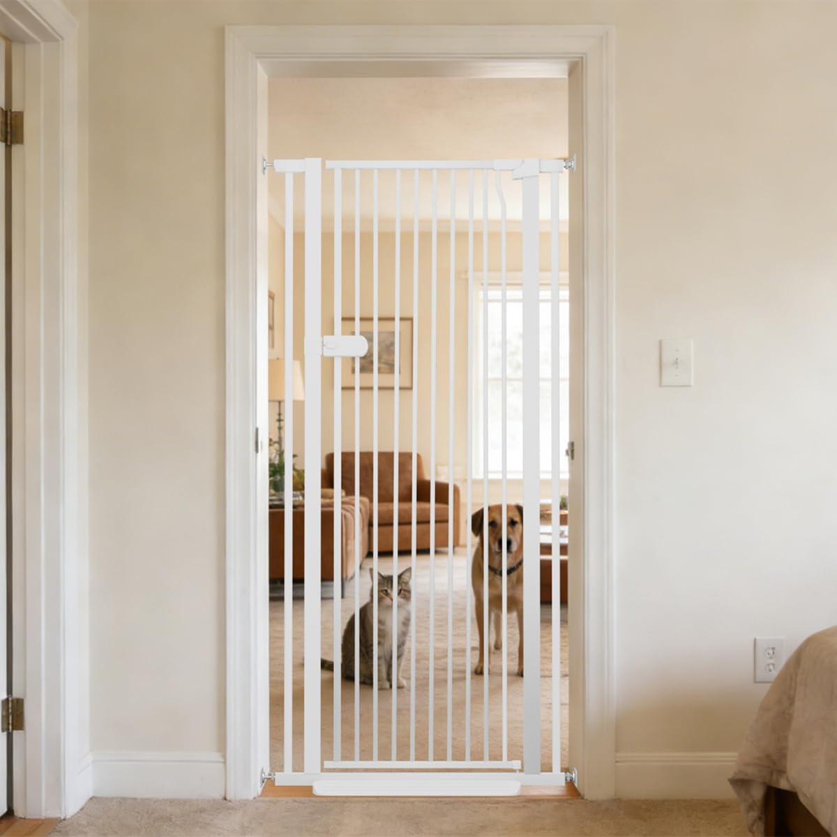 Photo 1 of **SCRAPES. DIRT**Lumizone Extra Tall Cat Gate 61.02" High Pressure Mounted Extra Wide 2025 New (17 Sizes) 1.37" Gap No Drilling Auto-Close One-Handed Operation Tall Pet Gate for Dogs(White, 61.02" H x 29.92"-34.24" W)