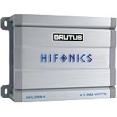 Hifonics Brutus BRL800.4 car Audio Four Channel Amplifier Delivering 800 watts RMS with a Built-in UV Meter and Intelligent Power Management System.