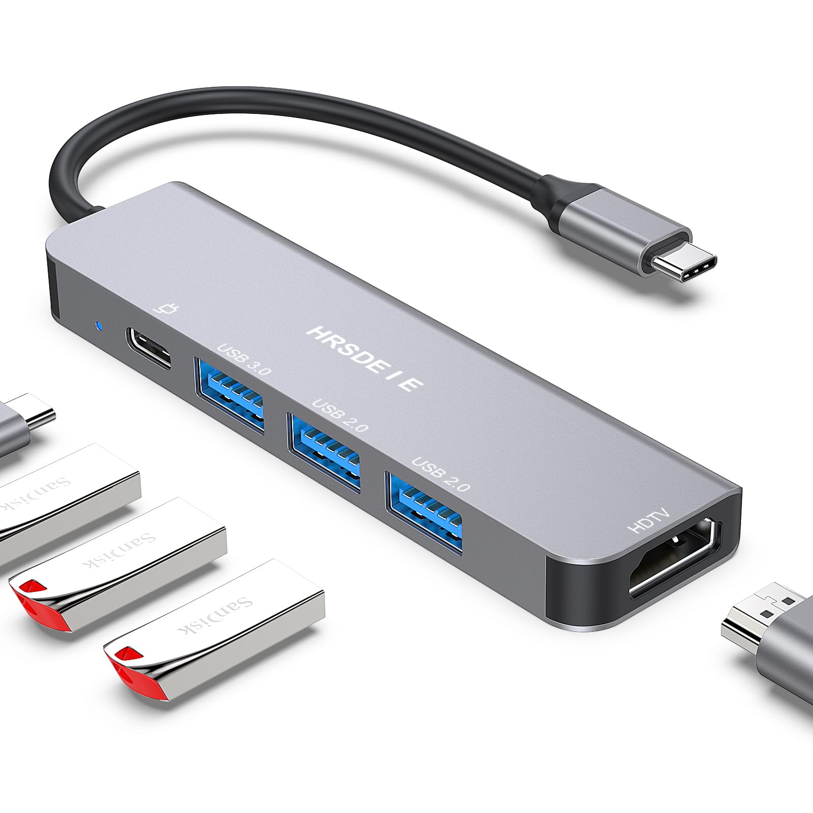 HRSDEIE 5 in 1 USB C Multiport Adapter - 100W PD, 4K HDMI, 3 USB-A, Aluminum Hub for Macbook/iPad/ Galaxy S23/ Surface Go/ XPS