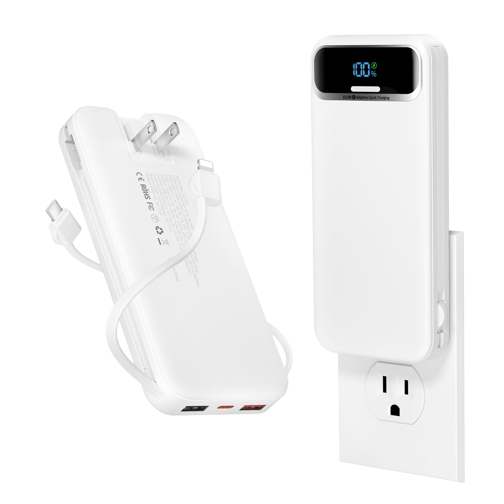 12000mAh Lightweight-Portable-Charger-Power-Bank with Built-in Cables and AC Wall Plug, PD20W USB-C Fast Charging Battery Pack, LED Display External Travel Phone Charger for All iPhone,Samsung,Android