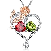 DONGHU Rose Heart Birthstone Necklace Sterling Silver Two Heart Birthstone Necklace for Women 2 Birthstone Heart Pendant Birthday Christmas Valentine's Day Gift for Wife Mom Lady