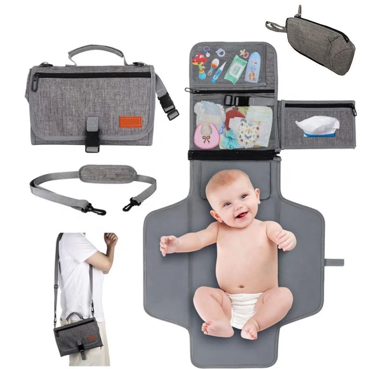Loulaluxe Portable Baby Changing Mat - Foldable, Waterproof Travel Nappy Diaper Changing Pad with Head Cushion, Wipe Clean Storage Pockets, and Detachable Bottle Pocket, Baby Changing Mat for Travel