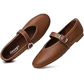 RIBONGZ Women's Flats Foldable Ballet Mary Jane Round Toe Dress Shoes with Ankle Strap Buckle Comfortable Slip On Leather Flat Girls Ballerina Shoes for Office Work Party Walking Casual