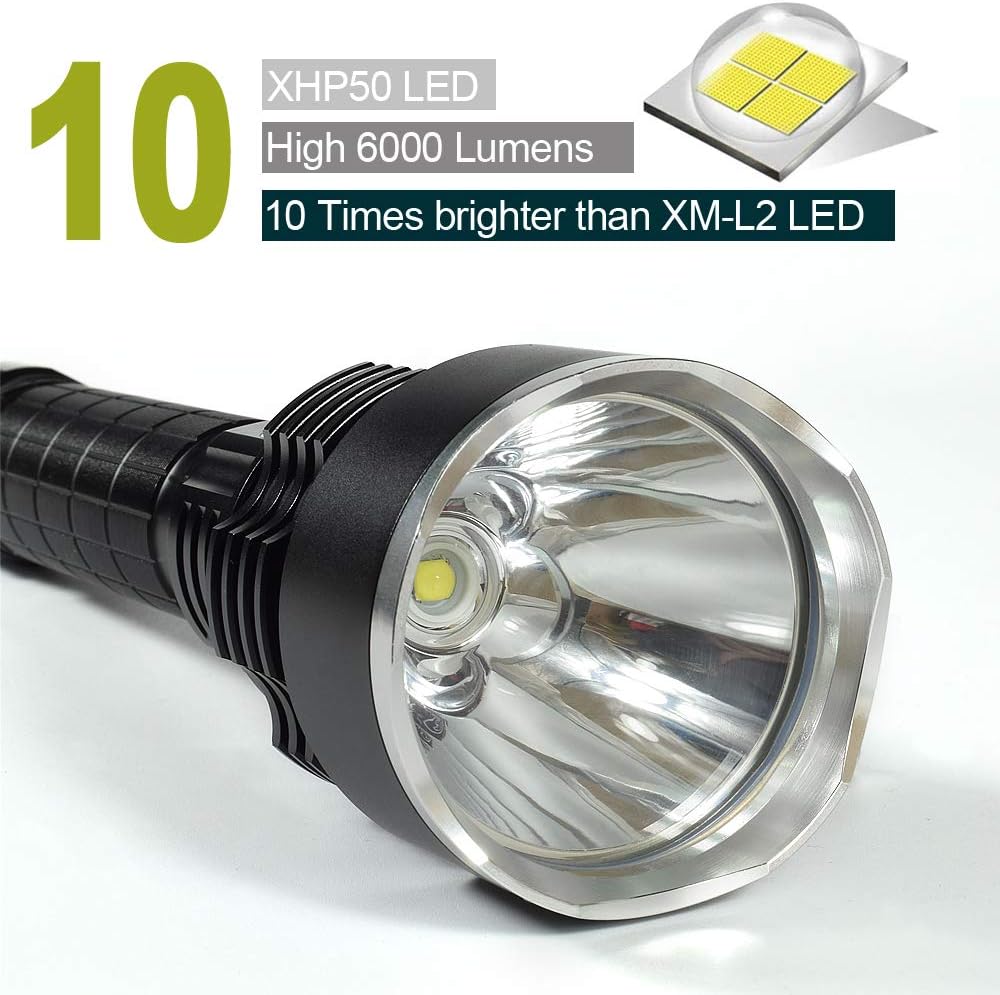 Super Bright Flashlight Rechargeable 6000 Lumen Waterproof High Powered Searchlight with Powerful P50 LED PFSN Brightest Tactical Torch Light Best for Outdoor Hunting Camping (26650 Battery Included) - - 