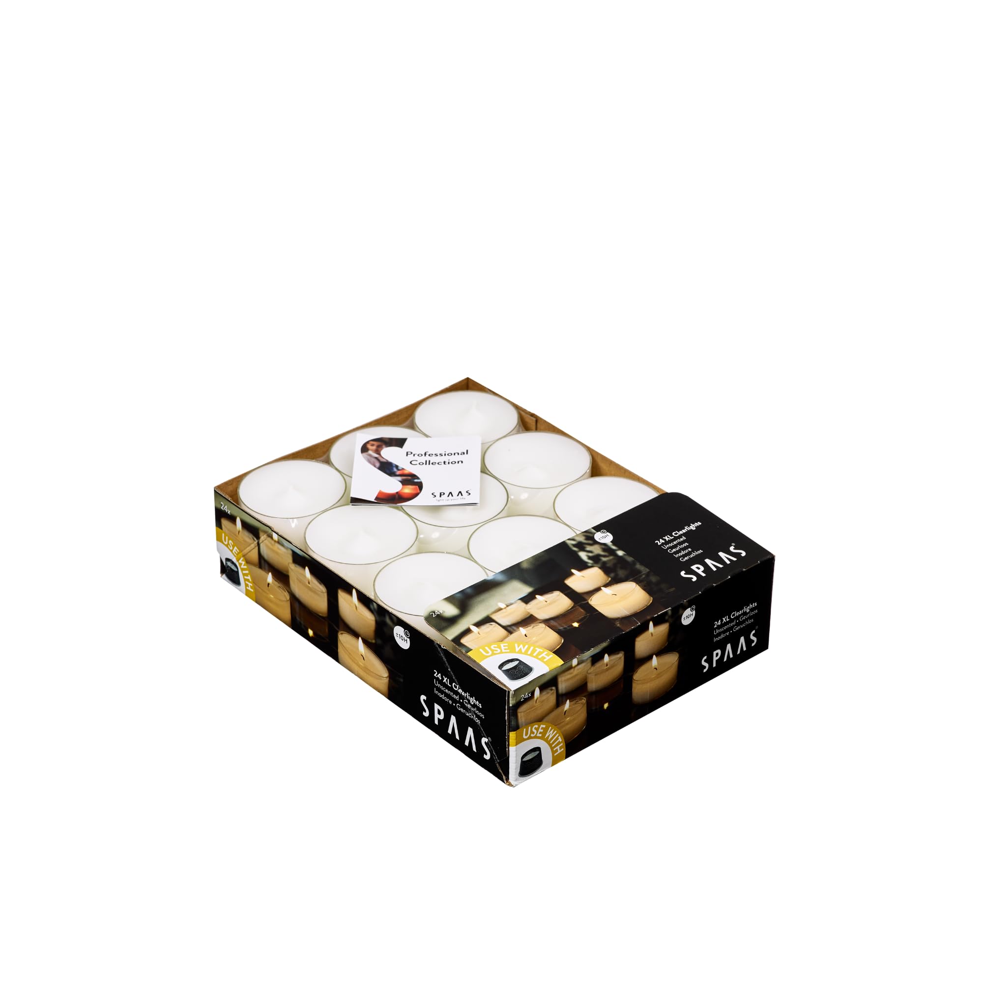 Spaas 24 Maxi Unscented Clearlights, Tealights in Transparent Cup, ± 10 Hours, White