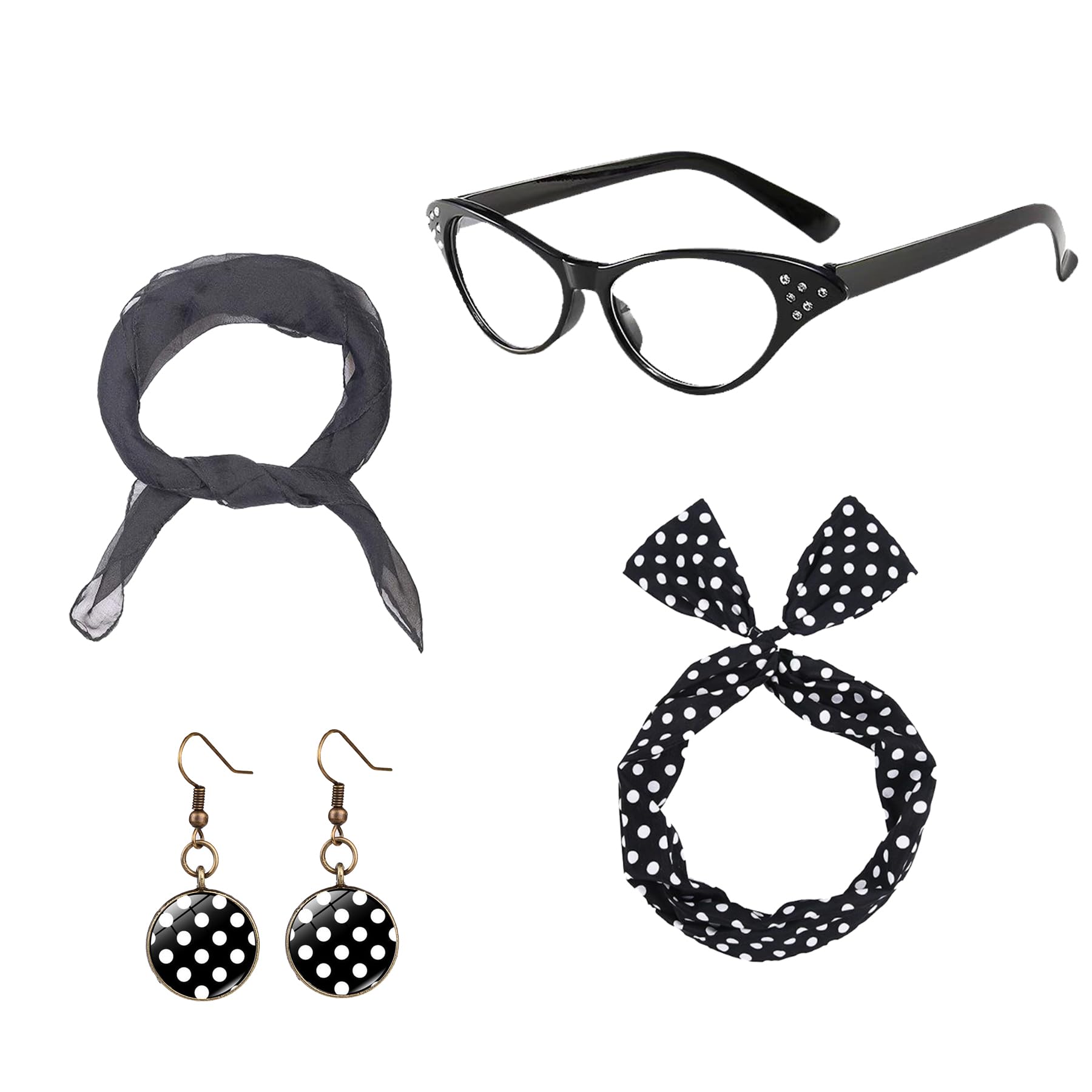 BAIYSFFG 50s Costume Accessories for Women, 1950s Fancy Dress Kit Cat Eye Glasses Polka Dot Bandana Tie Headband Earrings Ladies Grease Fancy Dress for Women Ladies 1950s Retro Party Decor (Black)