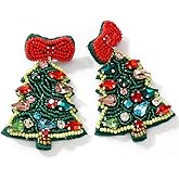 SHINUS BOHO Christmas Beaded Statement Dangle Earrings for Women - Handmade Tree Drop Dangling Jewelry, Cute Xmas Santa Snowflake Stocking Holiday Jewelry Gifts