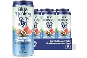 Blue Monkey Sparkling Coconut Water with Watermelon - 99.7% Coconut Water & Juice Blend - No Sugar Added, All Natural, Shelf 