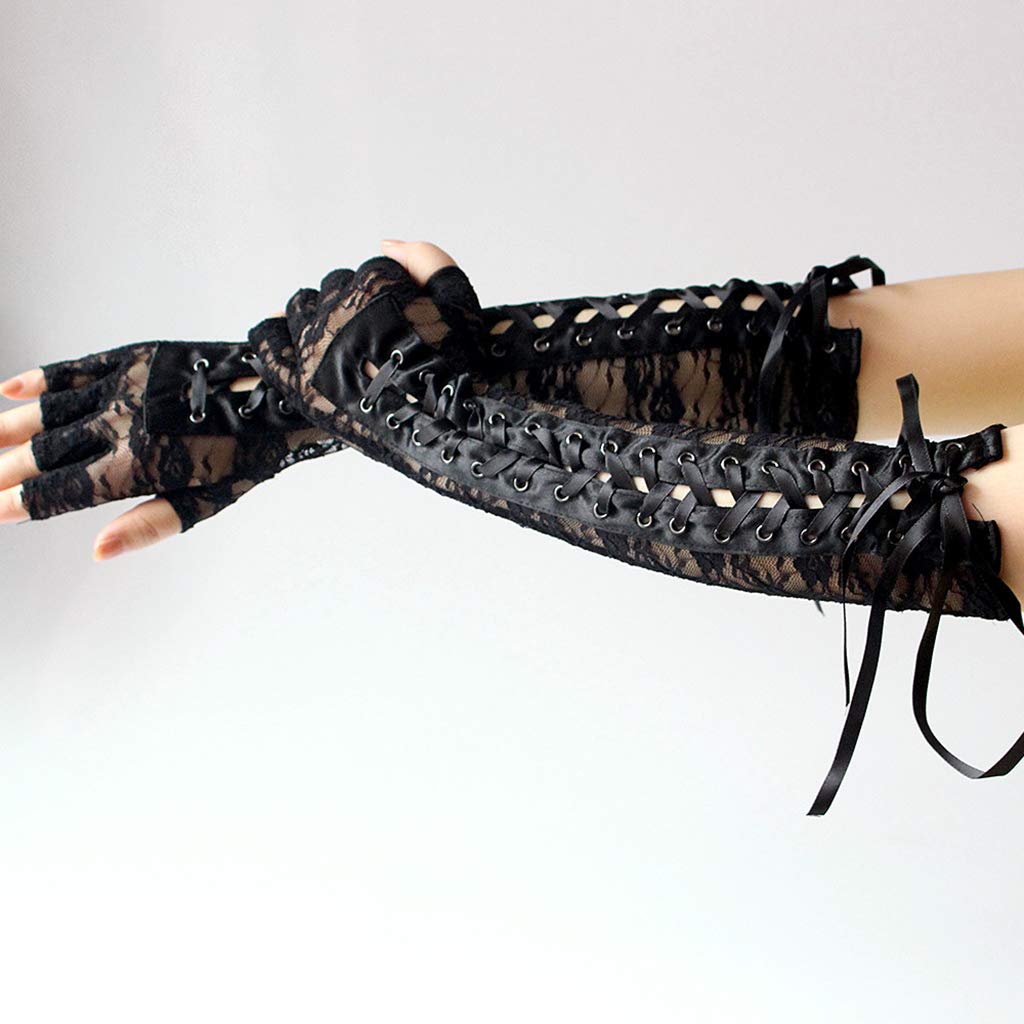 DreamHigh Womens Sexy Elbow Length Punk Fingerless Lace Up Arm Warmer Lace Gloves, Black, One Size